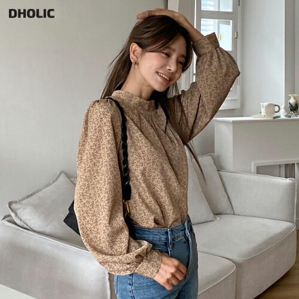 ハーフネックフラワーブラウス・全3色・t62727 レディース 【bl】韓国ファッション トップス ブラウス 長袖 大人 ハーフネック フラワー 花柄 小花柄 上品 タック シンプル フェミニン カジュアル 秋 春