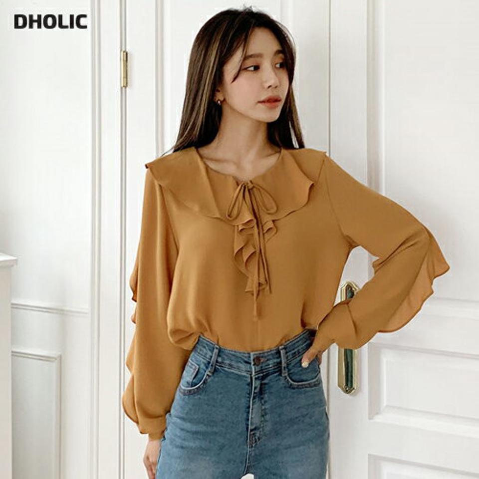 リボンネックラッフルブラウス・全3色・b62726 レディース 【bl】韓国ファッション トップス ブラウス 長袖 大人 Vネック スリム リボン ラッフル 上品 シンプル フェミニン ガーリー カジュアル 秋 春