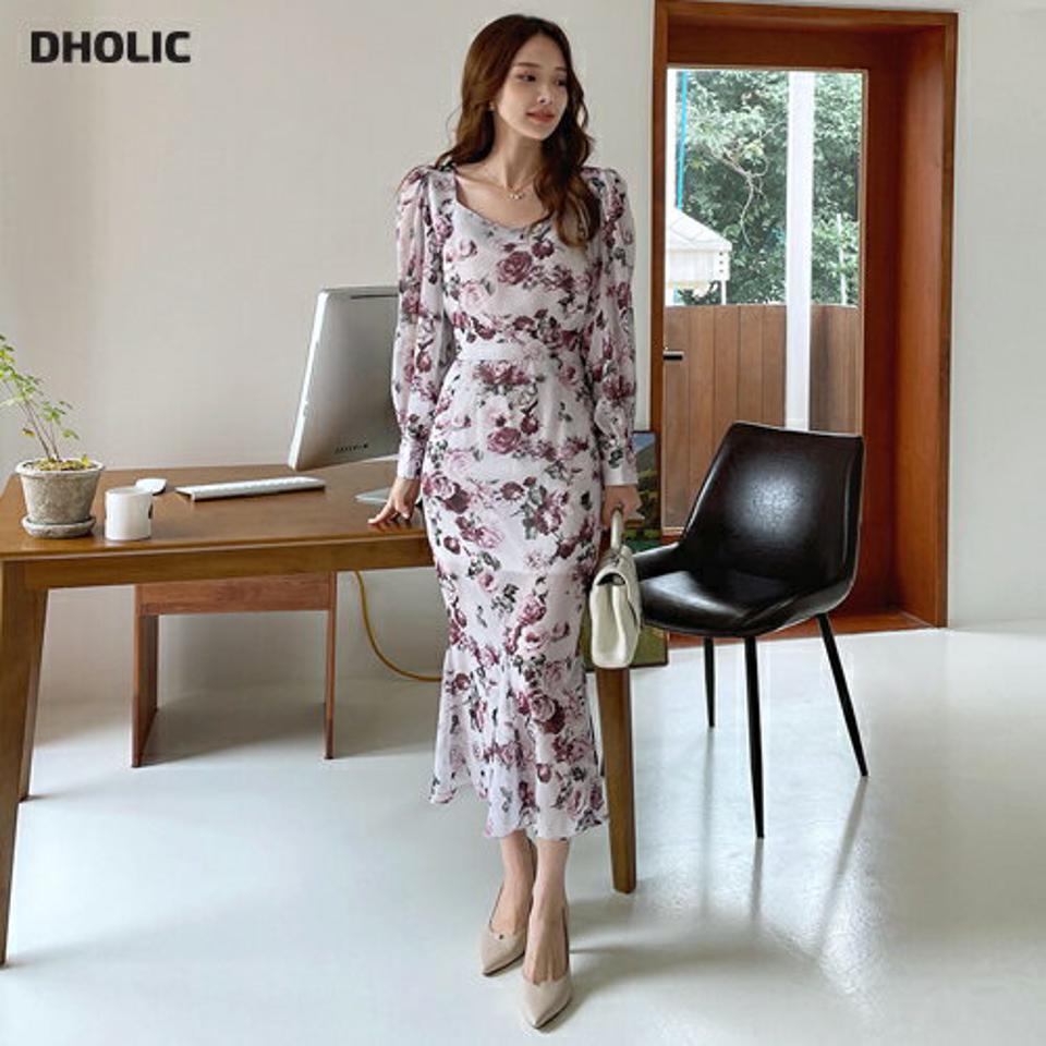 シフォンフラワーリボンワンピース・全3色・t69915 レディース 【ops】ワンピース ロング 長袖 シフォン 花柄 大人 スクエアネック マーメイド 揺れる 上品 きれいめ 春 秋 韓国 ファッション ハイホリHIHOLLI
