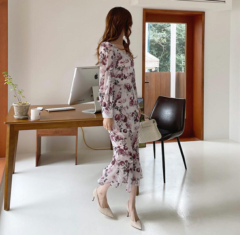 シフォンフラワーリボンワンピース・全3色・t69915 レディース 【ops】ワンピース ロング 長袖 シフォン 花柄 大人 スクエアネック マーメイド 揺れる 上品 きれいめ 春 秋 韓国 ファッション ハイホリHIHOLLI