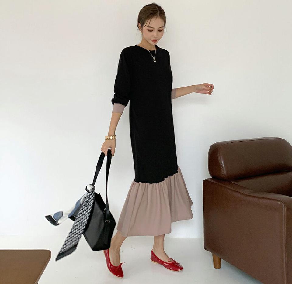 即日配送 配色フレアヘムリボンワンピース・全3色・b69919 レディース 【ops】ワンピース ロング 長袖 フレア りぼん 配色 ラッフル 可愛い かわいい フェミニン 春 秋 韓国ファッション ハイホリHIHOLLI【CH】