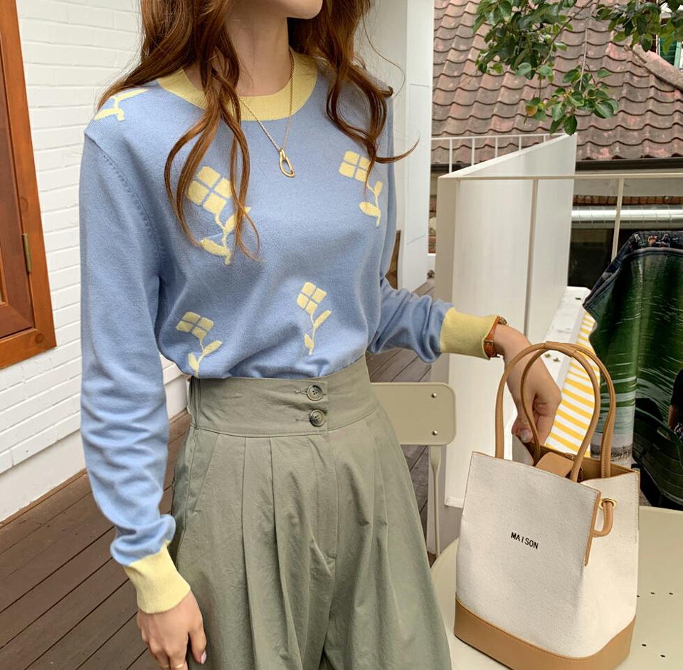クローバー配色ニット・全3色・b69920 レディース 【tops】トップス ニット 長袖 総柄 四つ葉 クローバー 配色 カジュアル ラフ 柄ニット 春 秋 韓国ファッション ハイホリHIHOLLI