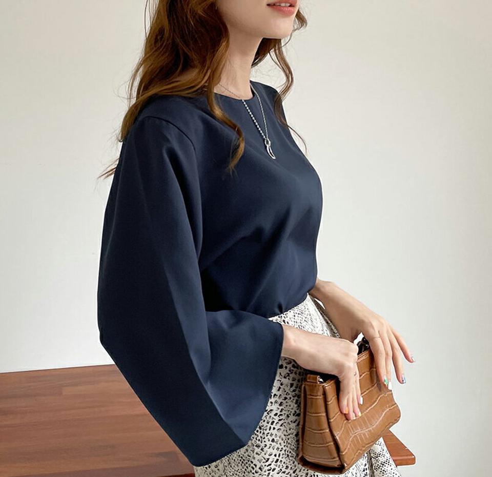 ワイドスリーブブラウス・全3色・b69921 レディース 【bl】トップス ブラウス ワイドスリーブ 単色 無地 シンプル 半端丈 長袖 オフィスカジュアル 春 秋 韓国ファッション ハイホリHIHOLLI
