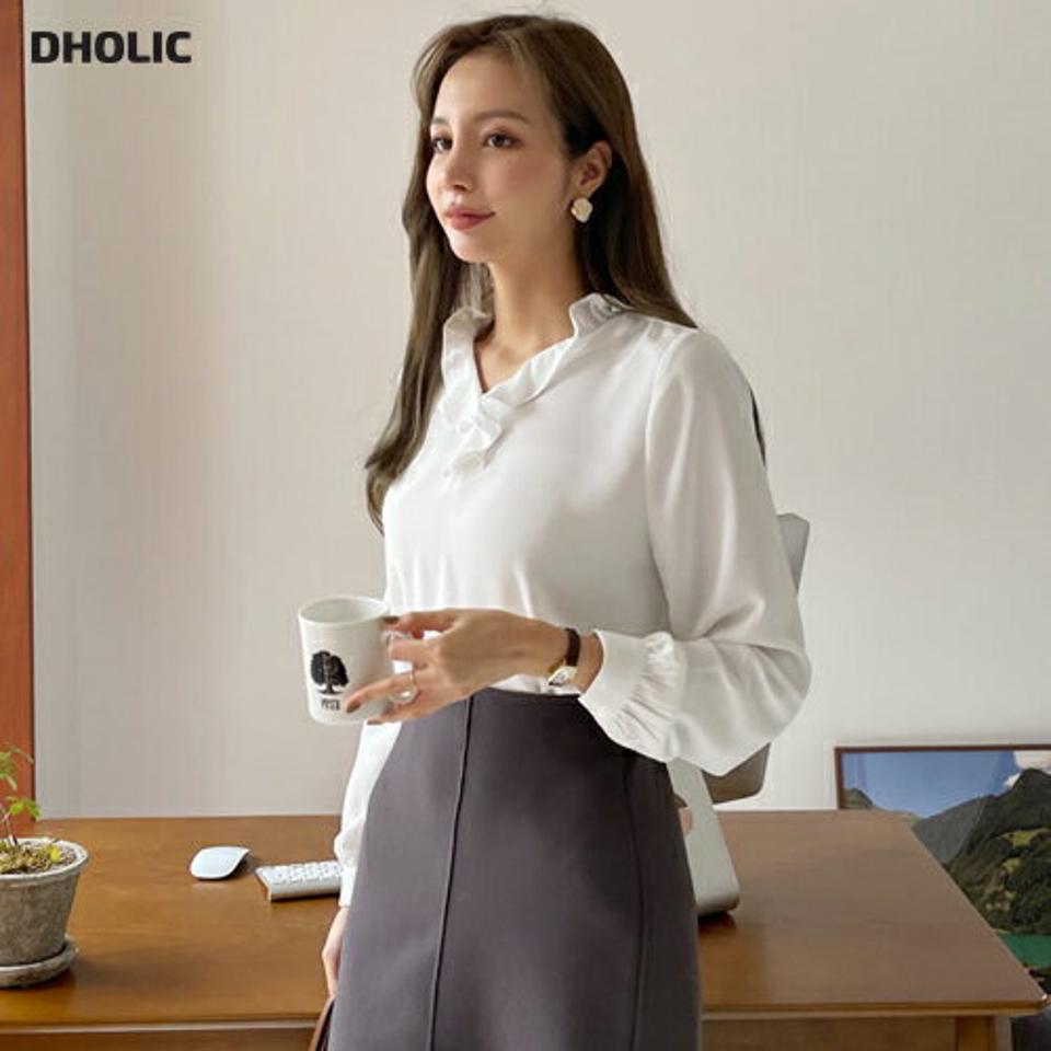 ネックフリルボタンブラウス・全3色・t69928 レディース 【bl】トップス ブラウス 長袖 ネックフリル 単色 無地 シンプル 可愛い かわいい オフィスカジュアル フェミニン 襟コン 春 秋 韓国ファッション ハイホリHIHOLLI