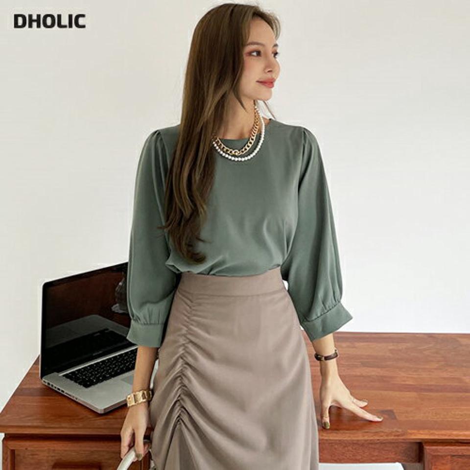 ラウンドネックパフスリーブブラウス・全5色・b69929 レディース 【bl】トップス ブラウス パフスリーブ パフ袖 単色 無地 シンプル 大人 オフィスカジュアル フェミニン 七分丈 七分袖 7分丈 7分袖 緑 春 秋 韓国ファッション HIHOLLI