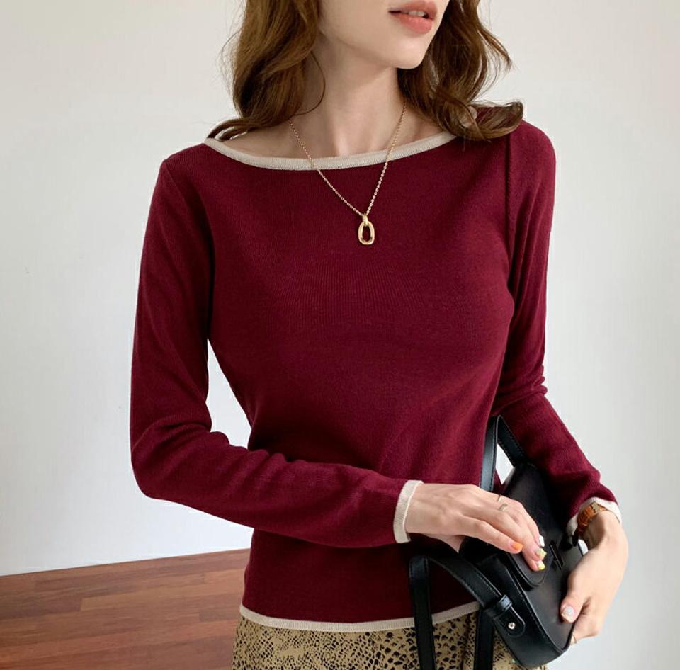 配色ラインボートネックニット・全5色・t69930 レディース 【tops】トップス ニット 長袖 ボートネック 配色 シンプル 大人 きれいめ 春 秋 韓国ファッション ハイホリHIHOLLI