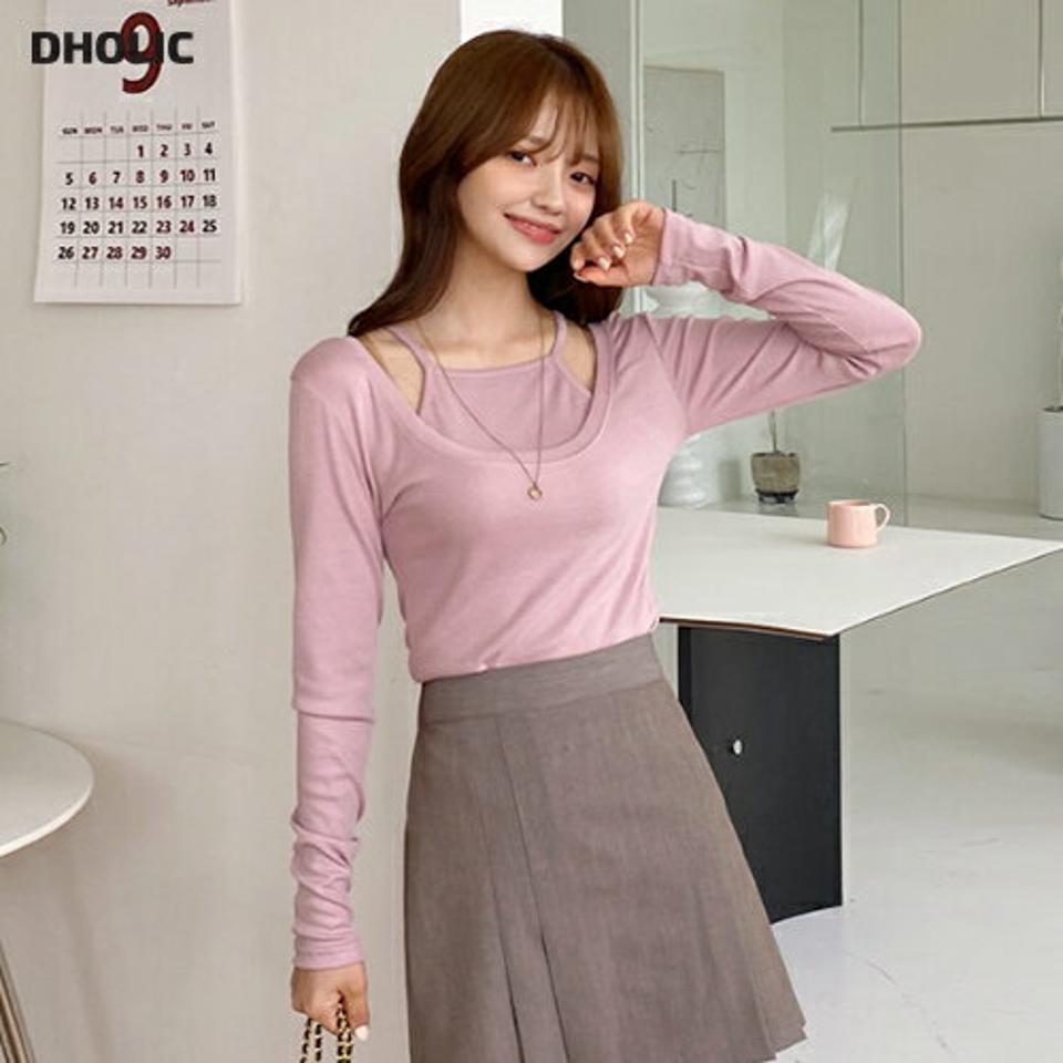 レイヤード調長袖Tシャツ・全3色・t64906 レディース 【tops】韓国 ファッション トップス Tシャツ 長袖 ラウンドネック スクエアネック キャミソール レイヤード スリム フェミニン シンプル ガーリー カジュアル 春 秋 NIJU