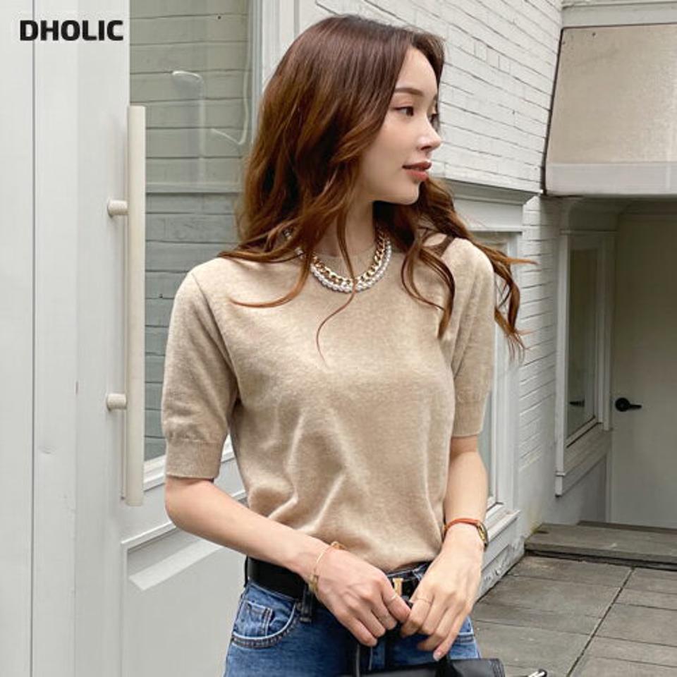 ラウンドネック半袖ニット・全4色・b69933 レディース 【tops】トップス ニット 半袖 ラウンドネック 単色 無地 シンプル ベーシック 大人 カジュアル 春 夏 秋 韓国ファッション ハイホリHIHOLLI