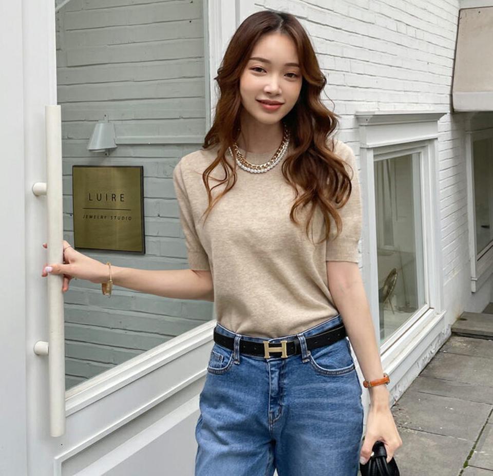 ラウンドネック半袖ニット・全4色・b69933 レディース 【tops】トップス ニット 半袖 ラウンドネック 単色 無地 シンプル ベーシック 大人 カジュアル 春 夏 秋 韓国ファッション ハイホリHIHOLLI