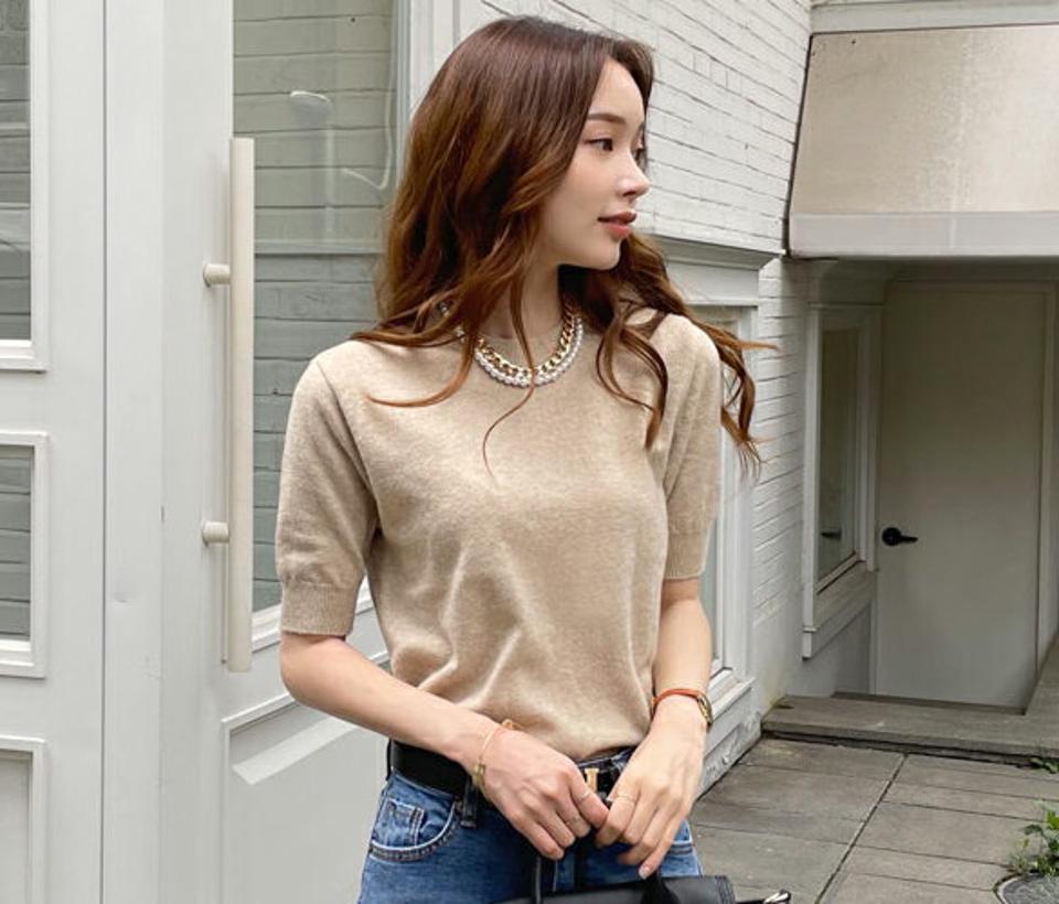 ラウンドネック半袖ニット・全4色・b69933 レディース 【tops】トップス ニット 半袖 ラウンドネック 単色 無地 シンプル ベーシック 大人 カジュアル 春 夏 秋 韓国ファッション ハイホリHIHOLLI