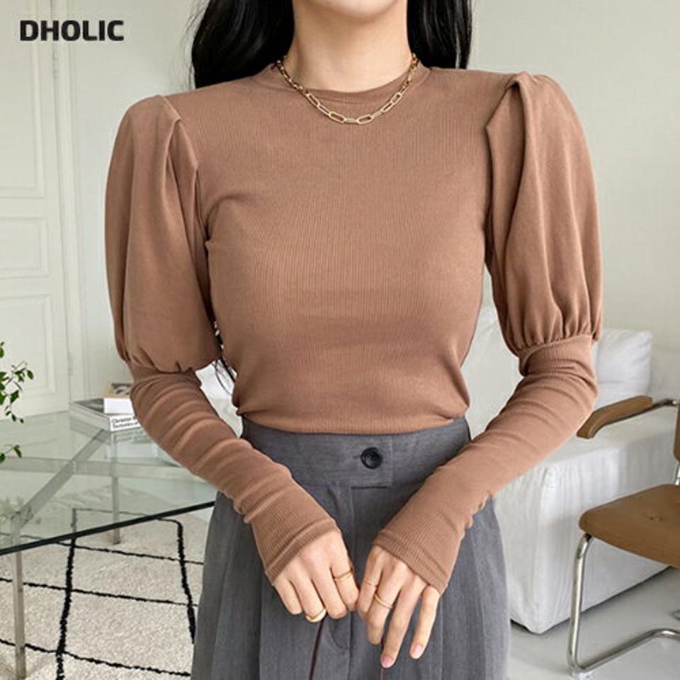 パフショルダーTシャツ・全4色・t64991 レディース 【tops】韓国ファッション トップス Tシャツ 長袖 ラウンドネック スリム フィット パフショルダー フェミニン シンプル ガーリー カジュアル 楽ちん 体型カバー 春 秋 NIJU