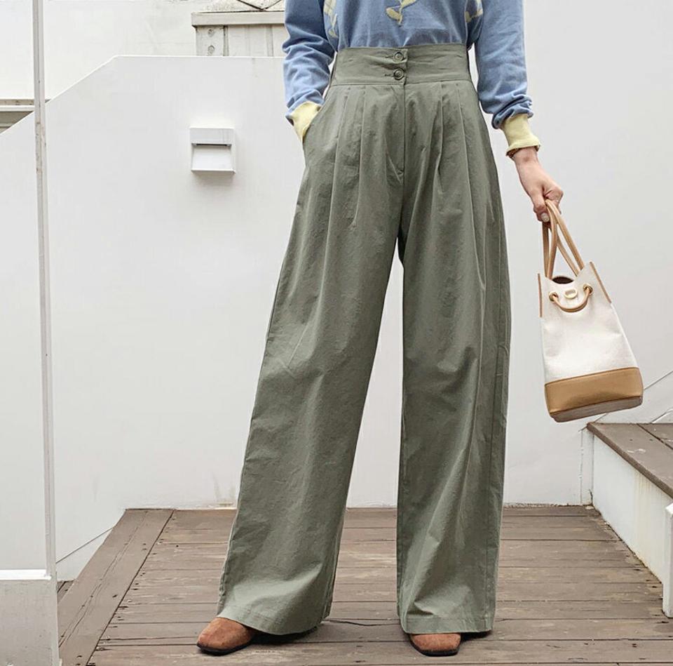 ツーボタンコットンワイドパンツ・全3色・t69934 レディース 【pt】パンツ ズボン ロングパンツ ワイド コットン 単色 無地 シンプル 大人 カジュアル 春 秋 韓国 ファッション ハイホリHIHOLLI