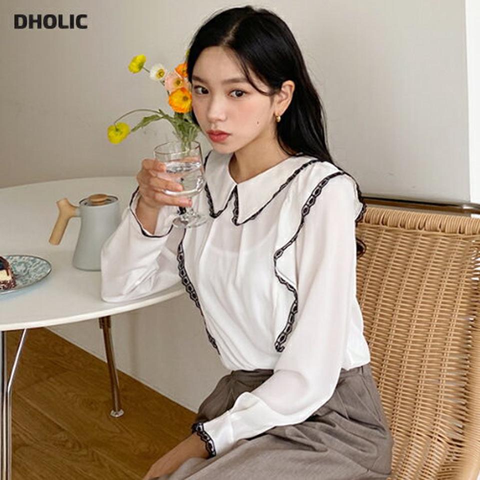 レースカラーフリルブラウス・全3色・t64992 レディース 【bl】韓国 ファッション トップス ブラウス 長袖 シンプル ラウンドネック レースカラー フリル ボタン フェミニン ベーシック 上品 体型カバー 細身 ガーリー 春 秋 NIJU