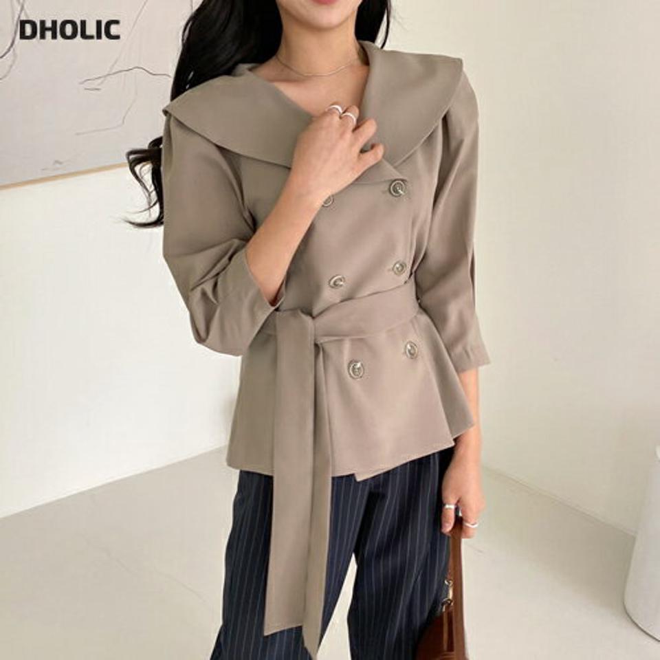 ストラップ付ダブルボタンカラーブラウス・全3色・b64998 レディース 【bl】韓国ファッション トップス ブラウス 長袖 シンプル ストラップ ダブルボタン カラーブラウス フェミニン レザー調 上品 体型カバー 細身 ガーリー 春 秋 NIJU