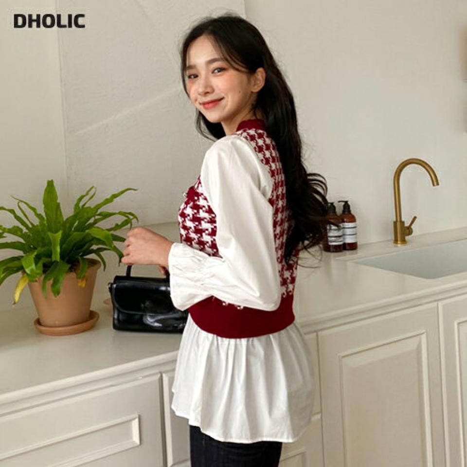 ハウンドトゥースコントラストブラウス・全3色・b64999 レディース 【bl】韓国ファッション トップス ブラウス 長袖 ハウンドトゥース コントラスト アンバランス ゴム ボタン フェミニン ボタン 上品 体型カバー ガーリー 春 秋 NIJU