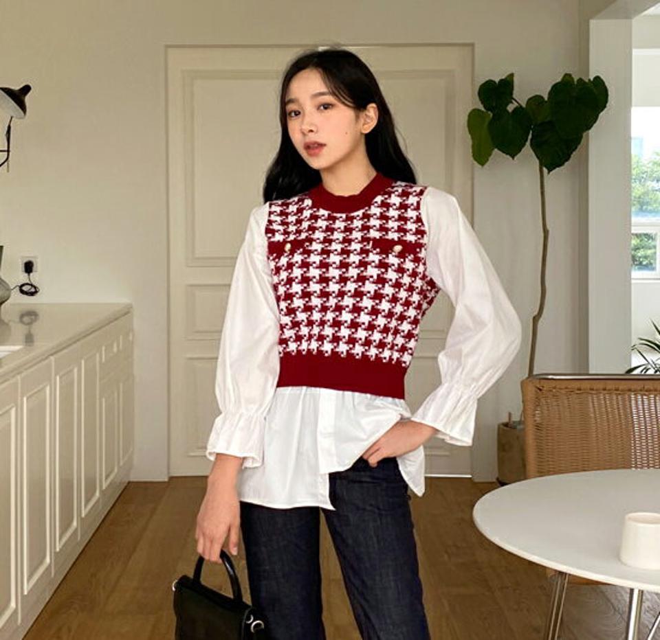 ハウンドトゥースコントラストブラウス・全3色・b64999 レディース 【bl】韓国ファッション トップス ブラウス 長袖 ハウンドトゥース コントラスト アンバランス ゴム ボタン フェミニン ボタン 上品 体型カバー ガーリー 春 秋 NIJU