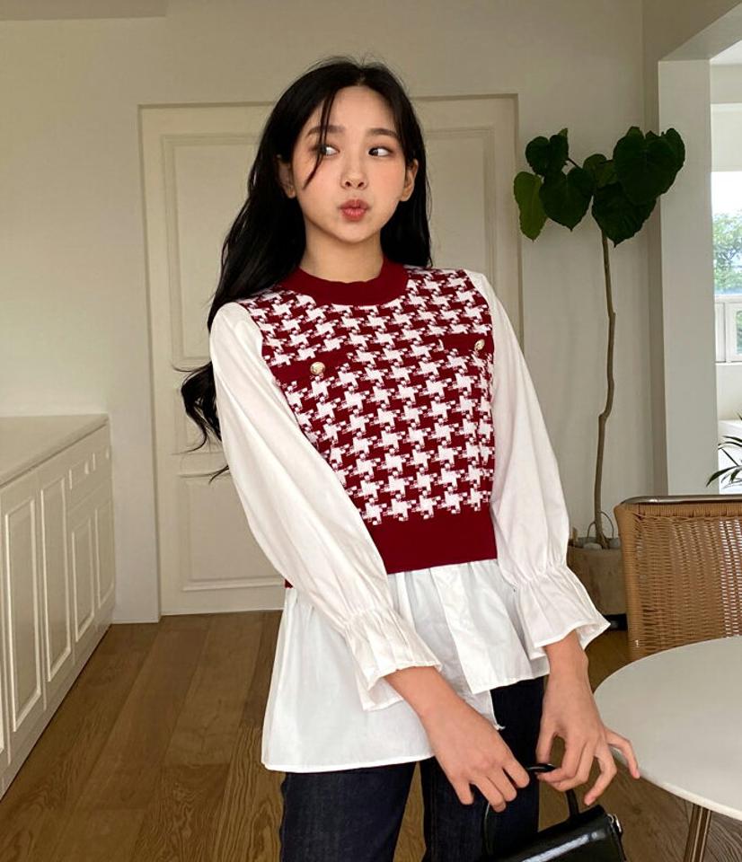 ハウンドトゥースコントラストブラウス・全3色・b64999 レディース 【bl】韓国ファッション トップス ブラウス 長袖 ハウンドトゥース コントラスト アンバランス ゴム ボタン フェミニン ボタン 上品 体型カバー ガーリー 春 秋 NIJU