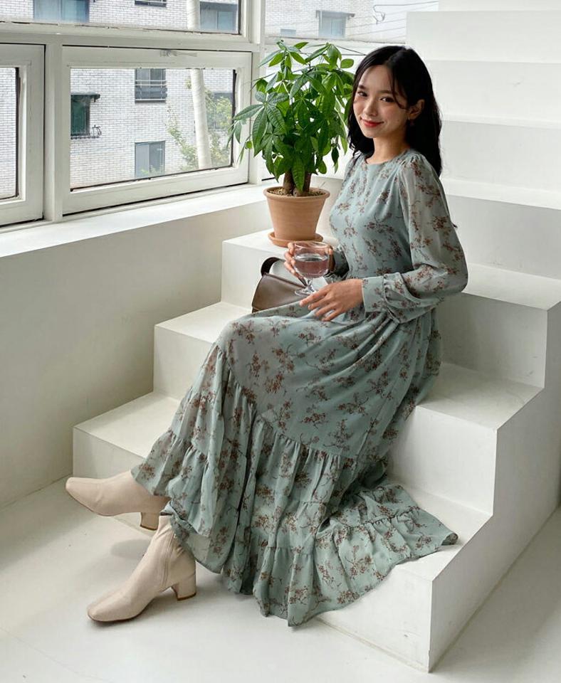 フローラルティアードワンピース・全3色・t65010 レディース 【ops】韓国ファッション ワンピース ロング ロングワンピース 花柄 フローラル ラウンドネック ロング丈 フレア シフォン シンプル 長袖 ルーズ 楽ちん 体型カバー 春 秋 NIJU