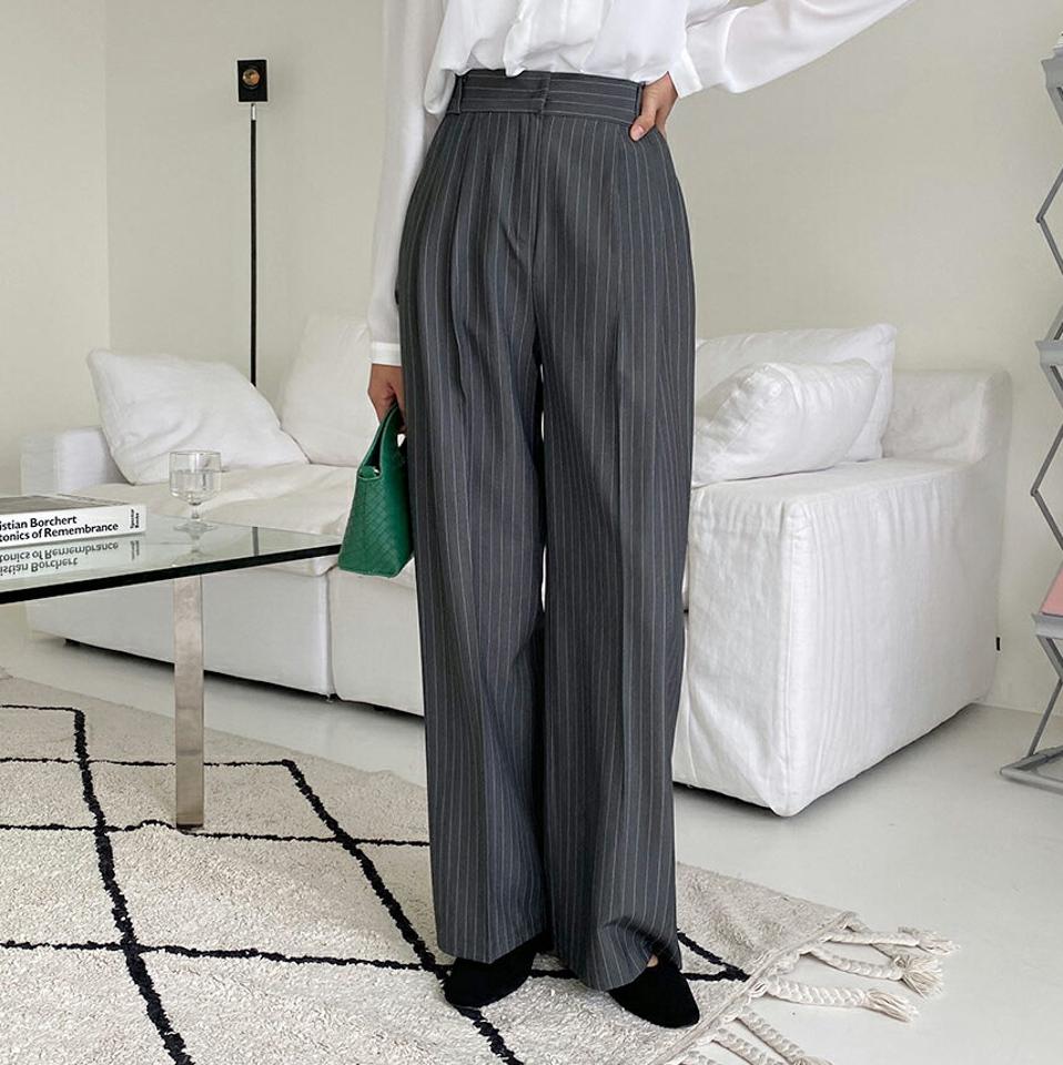 【大感謝祭特価】ストライプスラックスパンツ・全2色・t64994 レディース 【pt】韓国ファッション ボトムス パンツ ロング ロングパンツ スラックスパンツ スラックス ストライプ ハイウエスト タック 美脚 足長 細身 着痩せ シンプル 春 秋 NIJU セール