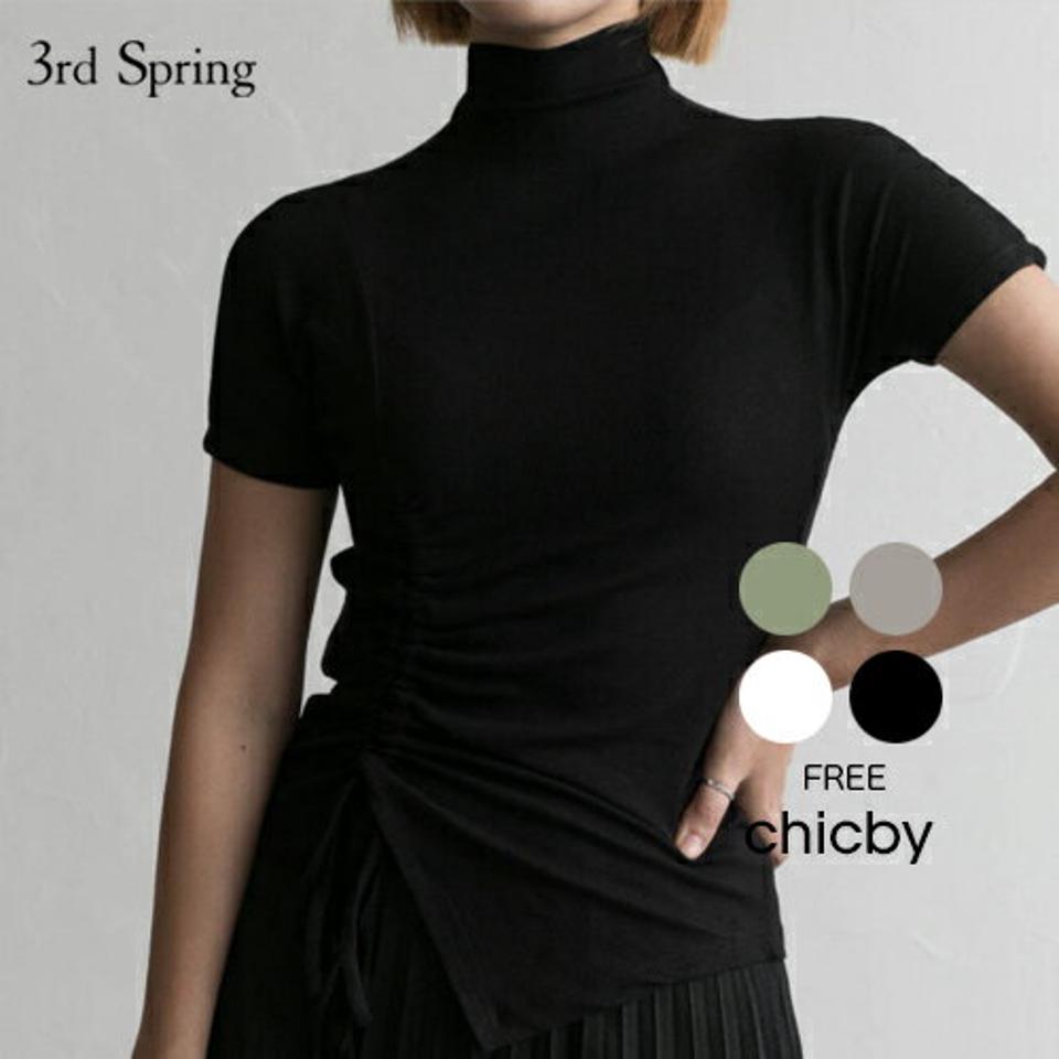 CHICBY(シックバイ)ハーフタートルネックシャーリング半袖Tシャツ【9/9up_ka】【メール便】韓国 韓国ファッション　半袖 シャーリングトップス トップス スリム ハーフネック ハーフタートルネックレディース ファッション【7】