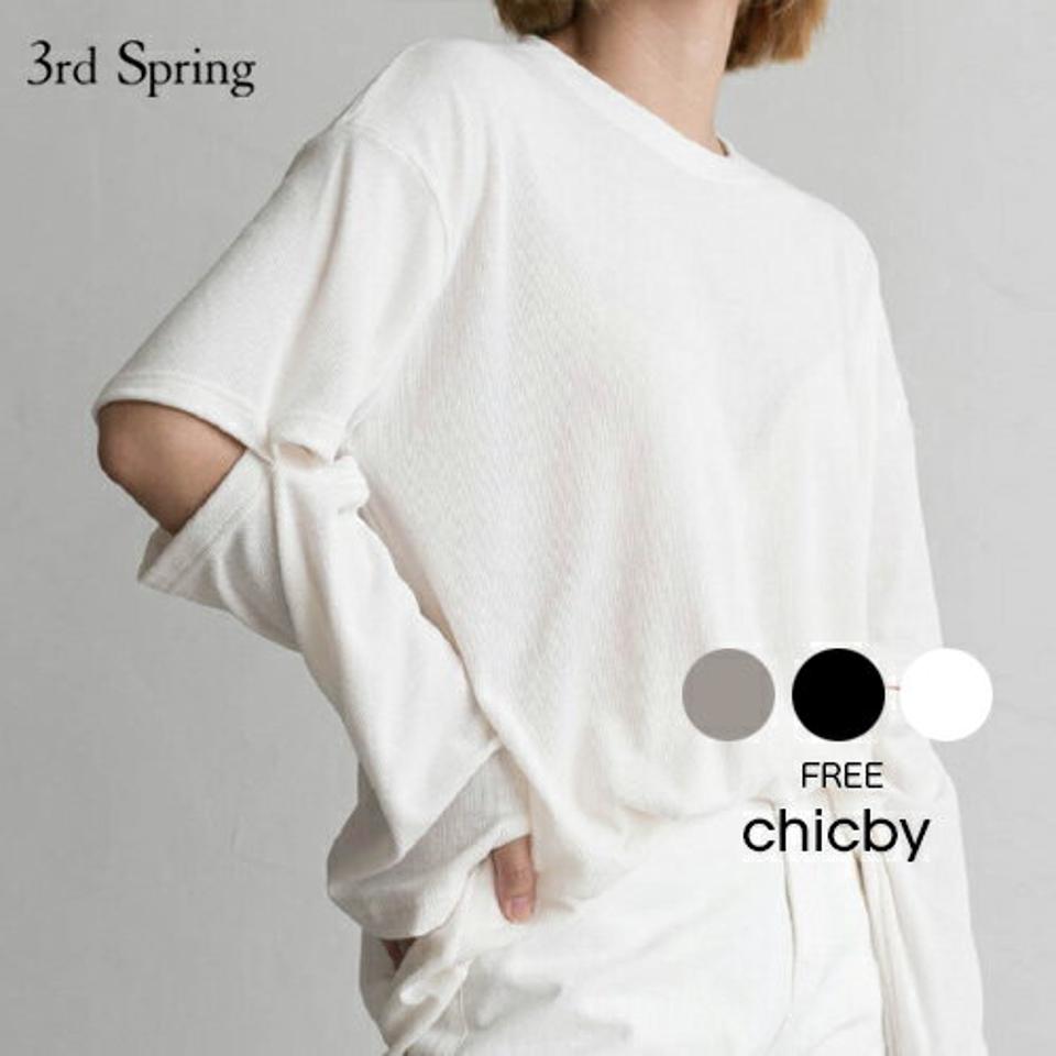 CHICBY(シックバイ)ルーズフィットスリットスリーブTシャツ【9/9up_ka】韓国 韓国ファッション　長袖 体型カーバー 秋 春 2way トップスレディース ファッション【7】※メール便不可