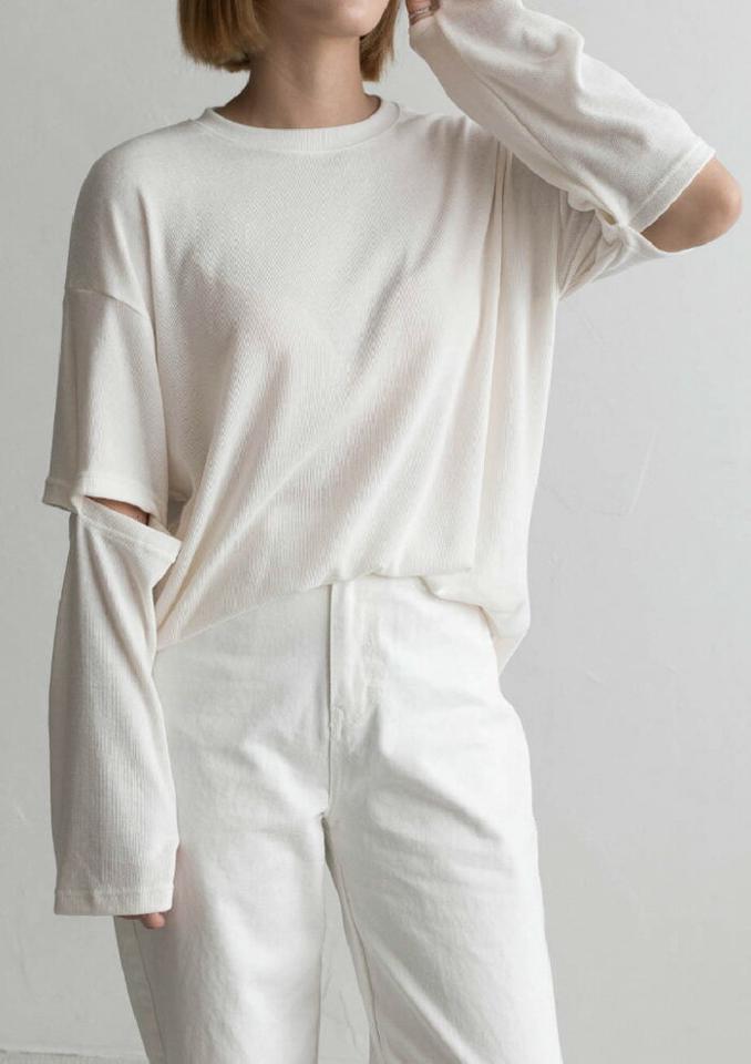 CHICBY(シックバイ)ルーズフィットスリットスリーブTシャツ【9/9up_ka】韓国 韓国ファッション　長袖 体型カーバー 秋 春 2way トップスレディース ファッション【7】※メール便不可