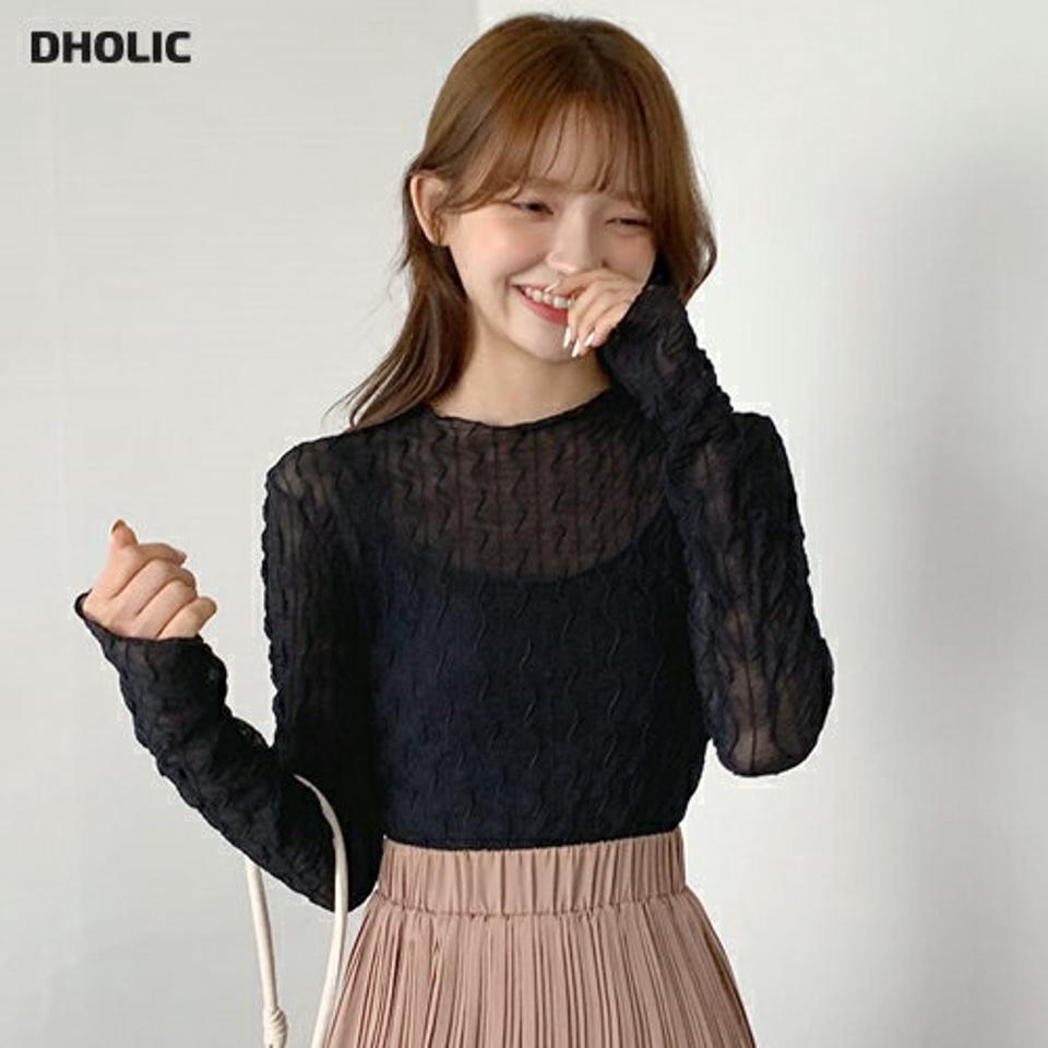 即日配送 ウェーブラインシースルーTシャツ・全2色・t00781 レディース 【tops】韓国ファッション トップス Tシャツ 長袖 ラウンドネック ウェーブライン シースルー スリム ウェーブ クロップド丈 フェミニン シンプル ガーリー 春 秋 NIJU