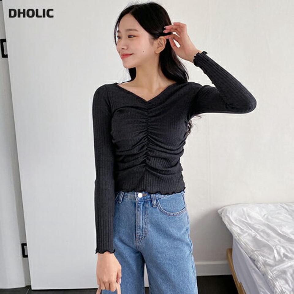 即日配送 VネックシャーリングリブTシャツ・全4色・t00782 レディース 【tops】韓国ファッション トップス Tシャツ 長袖 Vネック シャーリング リブ スリム ウェーブ クロップド丈 フェミニン シンプル ガーリー カジュアル 春 秋 NIJU