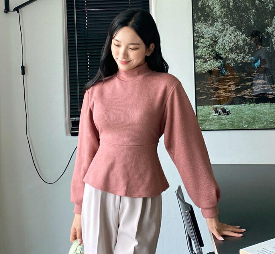 ハーフネックペプラムリボンニット・全4色・t00819 レディース 【tops】韓国ファッション トップス ニット 長袖 ベーシック ハーフネック ペプラム リボン シンプル 細身 カジュアル 体型カーバー ガーリー インしない 春 秋 NIJU