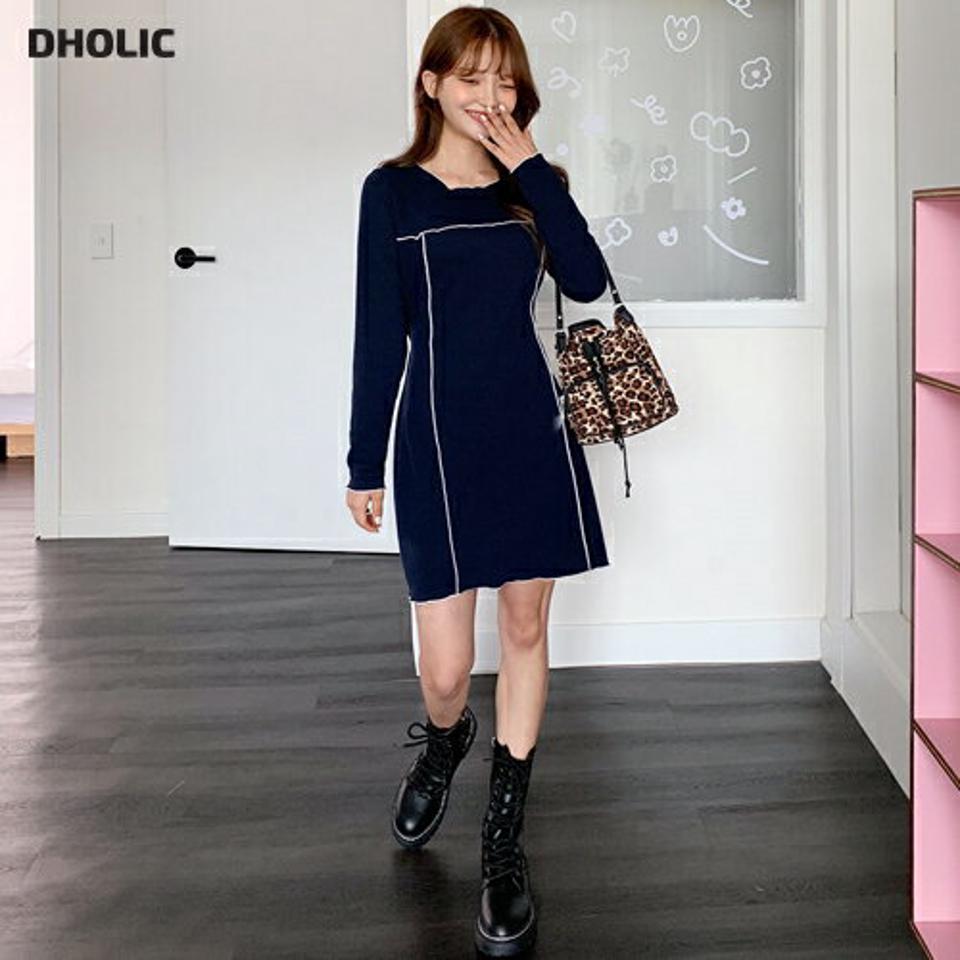 即日配送 配色ラインメロウミニワンピース・全3色・t00814 レディース 【ops】韓国ファッション ワンピース ミニ ミニワンピース 長袖 ミニマル 配色ライン ラウンドネック ウェーブ スリム シンプル ルーズ 楽ちん スリム 体型カバー 春 秋 NIJU
