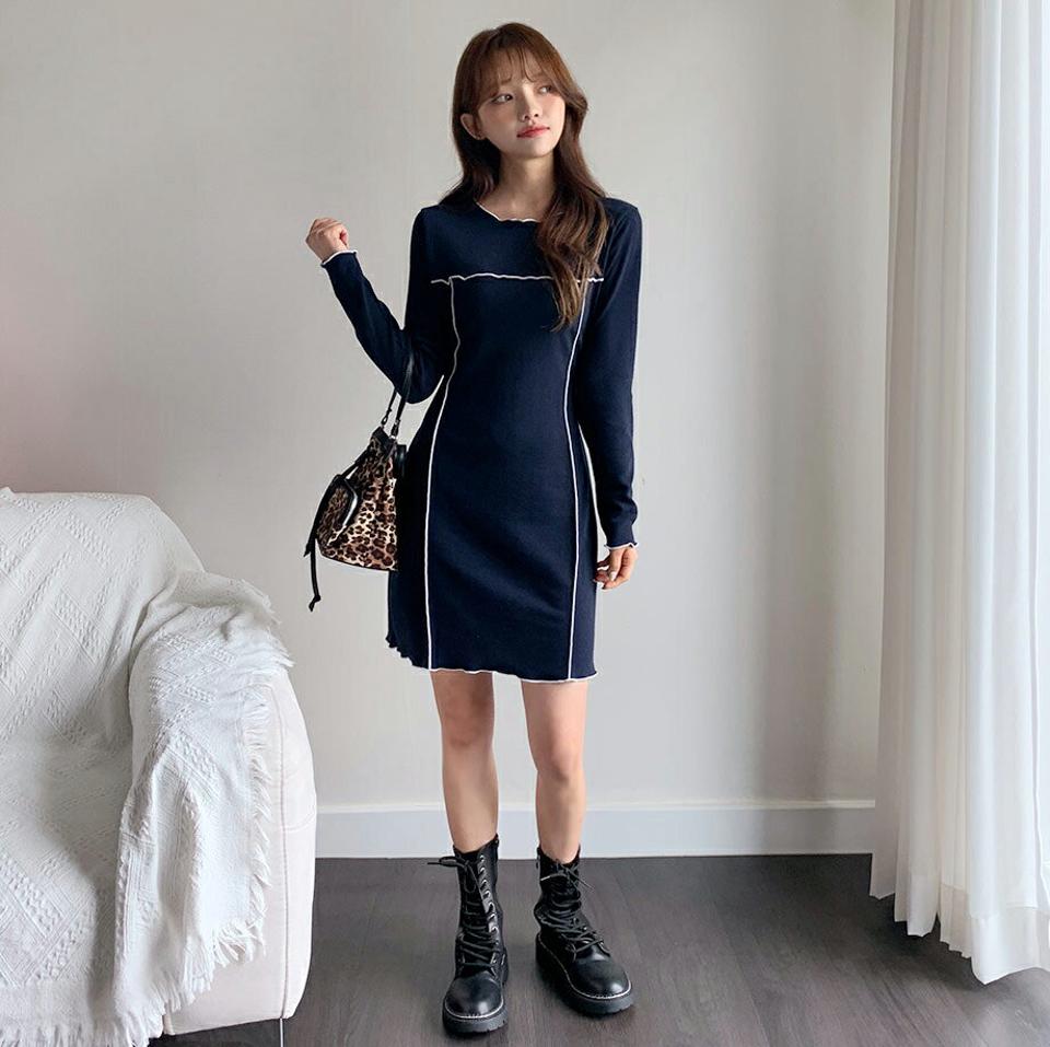 即日配送 配色ラインメロウミニワンピース・全3色・t00814 レディース 【ops】韓国ファッション ワンピース ミニ ミニワンピース 長袖 ミニマル 配色ライン ラウンドネック ウェーブ スリム シンプル ルーズ 楽ちん スリム 体型カバー 春 秋 NIJU