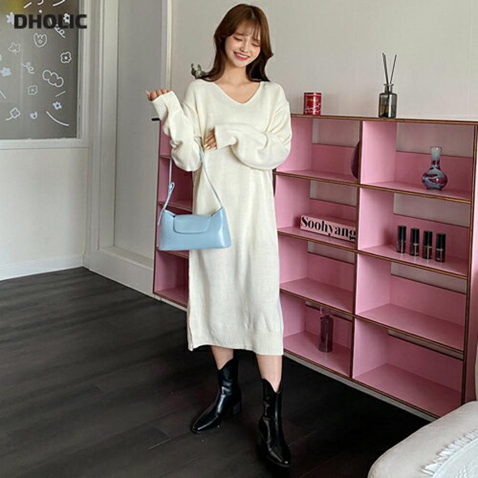 Vネックニットロングワンピース・全4色・t00793 レディース 【ops】韓国 ファッション ワンピース ロング ロングワンピース Vネック ニット ニットワンピース ロング丈 Iライン スリット シンプル 長袖 ルーズ 楽ちん 体型カバー 春 秋 NIJU