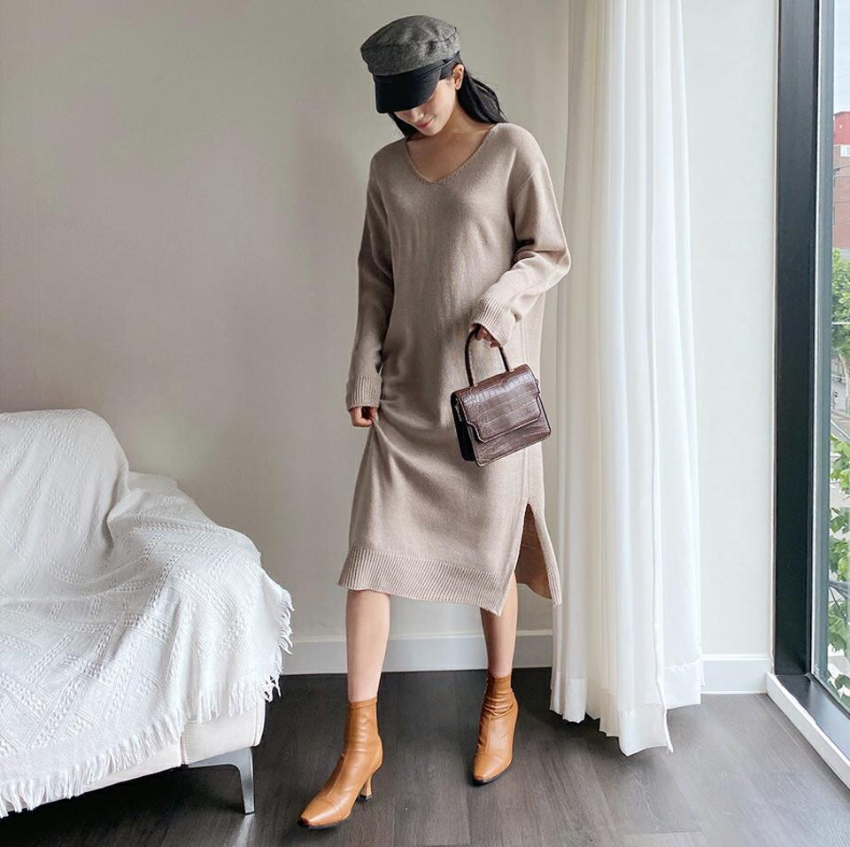 Vネックニットロングワンピース・全4色・t00793 レディース 【ops】韓国 ファッション ワンピース ロング ロングワンピース Vネック ニット ニットワンピース ロング丈 Iライン スリット シンプル 長袖 ルーズ 楽ちん 体型カバー 春 秋 NIJU