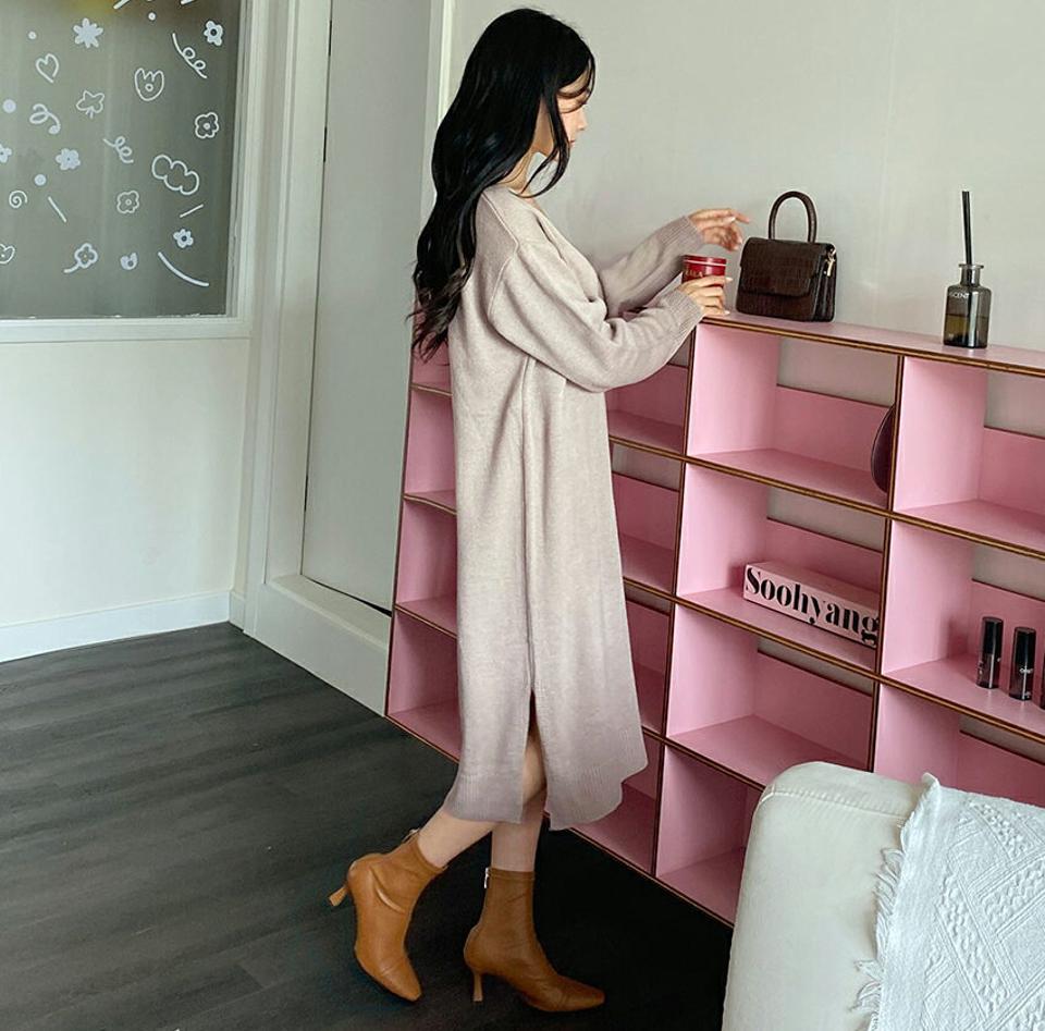 Vネックニットロングワンピース・全4色・t00793 レディース 【ops】韓国 ファッション ワンピース ロング ロングワンピース Vネック ニット ニットワンピース ロング丈 Iライン スリット シンプル 長袖 ルーズ 楽ちん 体型カバー 春 秋 NIJU
