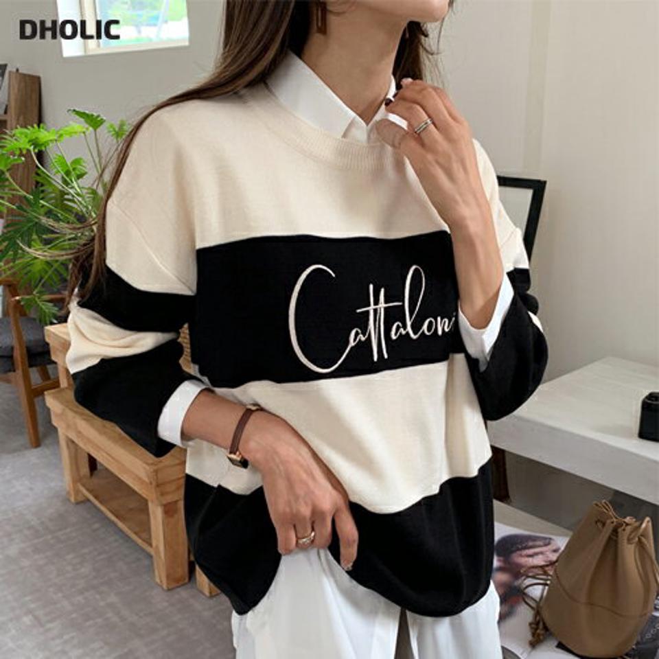 【スーパーセール特価】刺繍ロゴボーダーニット・全4色・b64826 レディース 【tops】韓国ファッション トップス ニット 大人 長袖 ラウンドネック 刺繍 柄ニット ロゴ ボーダー シンプル カジュアル 体型カーバー フェミニン 上品 秋 春