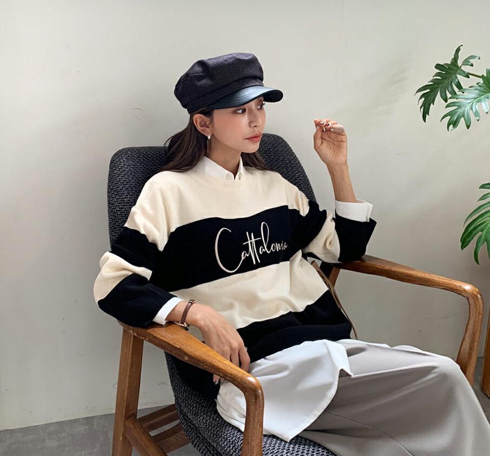 【スーパーセール特価】刺繍ロゴボーダーニット・全4色・b64826 レディース 【tops】韓国ファッション トップス ニット 大人 長袖 ラウンドネック 刺繍 柄ニット ロゴ ボーダー シンプル カジュアル 体型カーバー フェミニン 上品 秋 春