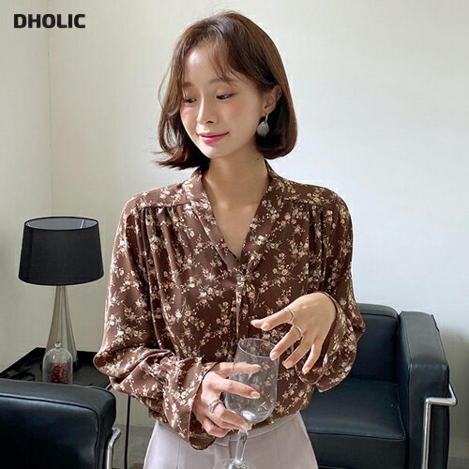 フローラルボウタイブラウス・全3色・t64830 レディース 【bl】韓国 ファッション トップス ブラウス 長袖 大人 Vネック フラワー 花柄 小花柄 ボウタイ 上品 ギャザー ゴム シンプル フェミニン カジュアル 体型カバー 秋 春