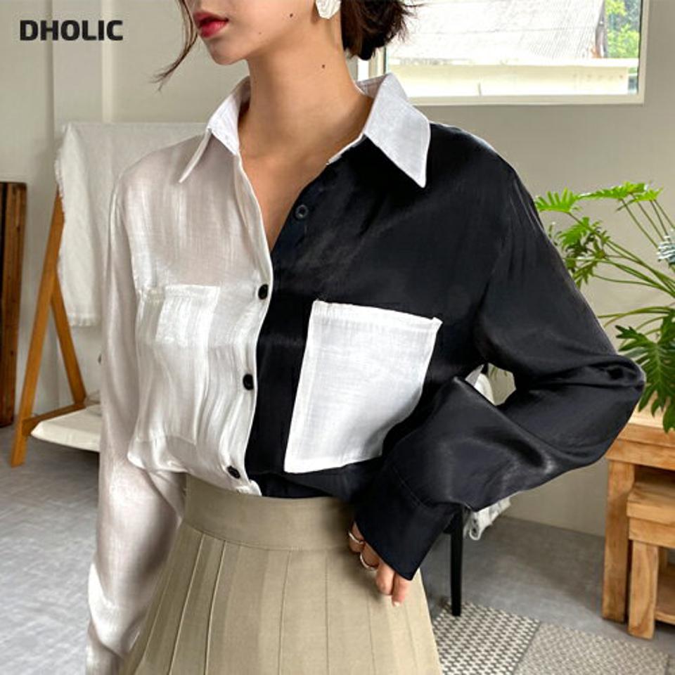 即日配送 配色ポケットシルキーシャツ・全2色・b64838 レディース 【bl】韓国ファッション トップス シャツ 長袖 カラーシャツ カラーネック 配色 ポケット シルキー ボタン ルーズ シンプル 上品 フェミニン カジュアル 高級感 秋 春
