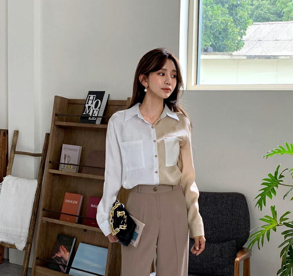 即日配送 配色ポケットシルキーシャツ・全2色・b64838 レディース 【bl】韓国ファッション トップス シャツ 長袖 カラーシャツ カラーネック 配色 ポケット シルキー ボタン ルーズ シンプル 上品 フェミニン カジュアル 高級感 秋 春