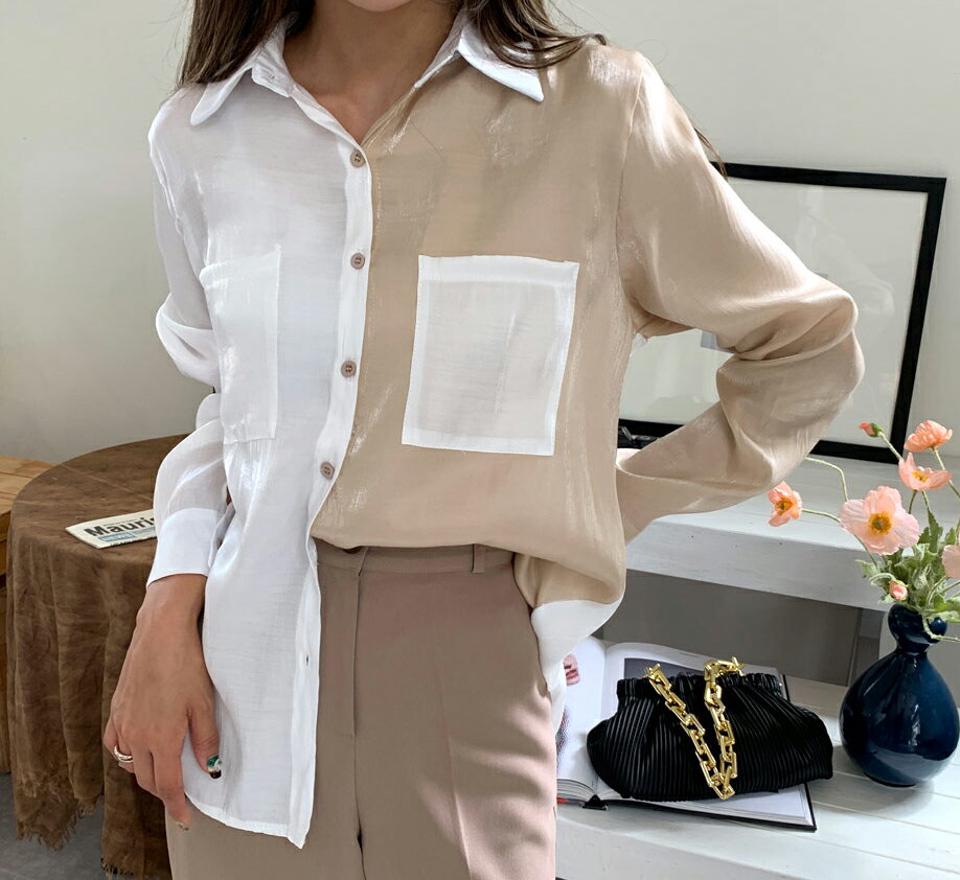 即日配送 配色ポケットシルキーシャツ・全2色・b64838 レディース 【bl】韓国ファッション トップス シャツ 長袖 カラーシャツ カラーネック 配色 ポケット シルキー ボタン ルーズ シンプル 上品 フェミニン カジュアル 高級感 秋 春
