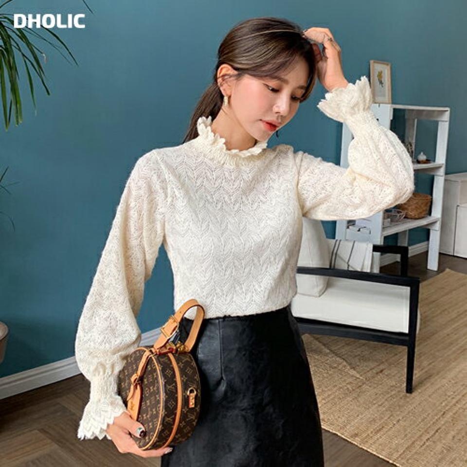 ハイネックシースルーレースブラウス・全3色・b64833 レディース 【bl】韓国ファッション トップス ブラウス 長袖 大人 ハイネック シースルー レース 襟コン 上品 ウェーブヘム 伸縮性 ゴム シンプル フェミニン カジュアル 秋 春