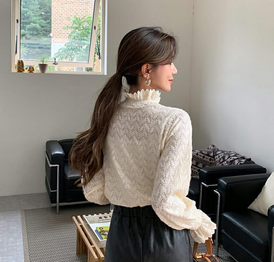 ハイネックシースルーレースブラウス・全3色・b64833 レディース 【bl】韓国ファッション トップス ブラウス 長袖 大人 ハイネック シースルー レース 襟コン 上品 ウェーブヘム 伸縮性 ゴム シンプル フェミニン カジュアル 秋 春