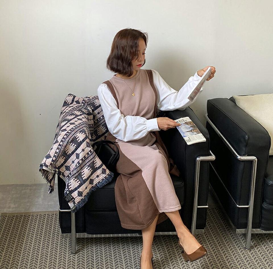 ストラップ付配色ラインワンピース・全2色・b64835 レディース 【ops】韓国ファッション 異素材ミックス ワンピース ロング丈 大人 ラウンドネック 配色 ロング丈 長袖 ストレート ガーリー シンプル フェミニン バイカラー 秋 春 人気