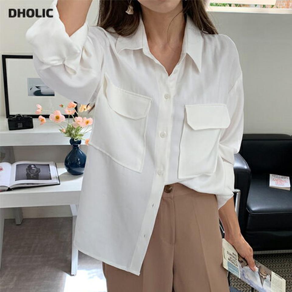 ソフトポケットフィットシャツ・全3色・t64841 レディース 【bl】韓国 ファッション トップス シャツ 長袖 カラーシャツ カラーネック ソフトポケット ボタン ルーズ シンプル ベーシック 上品 フェミニン カジュアル 高級感 秋 春