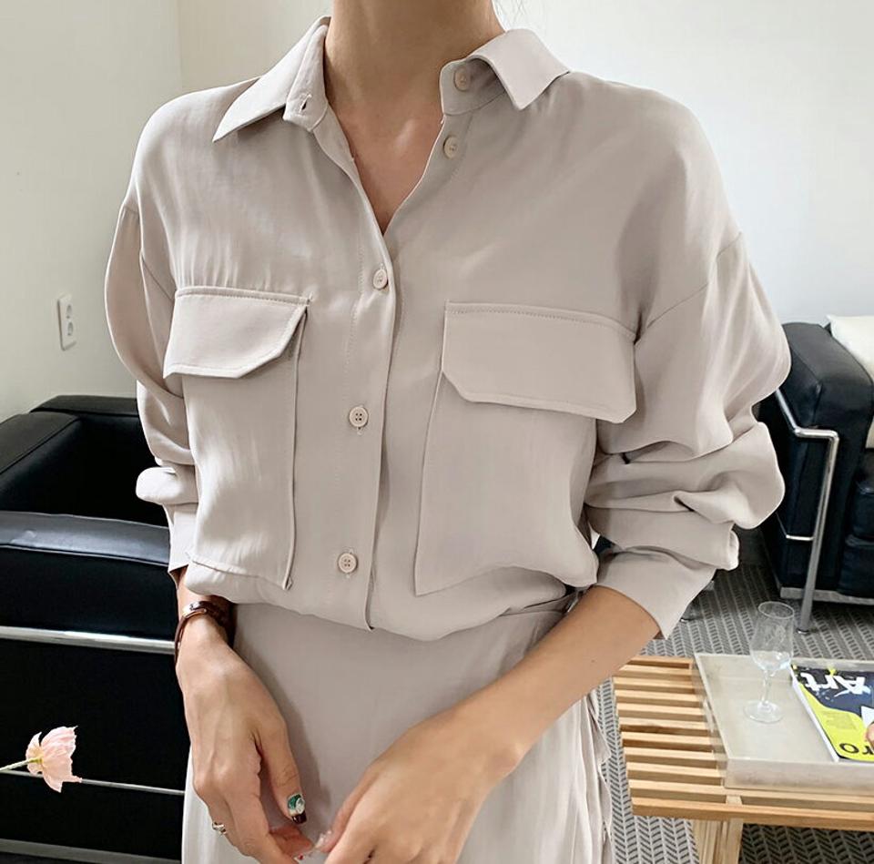 ソフトポケットフィットシャツ・全3色・t64841 レディース 【bl】韓国 ファッション トップス シャツ 長袖 カラーシャツ カラーネック ソフトポケット ボタン ルーズ シンプル ベーシック 上品 フェミニン カジュアル 高級感 秋 春