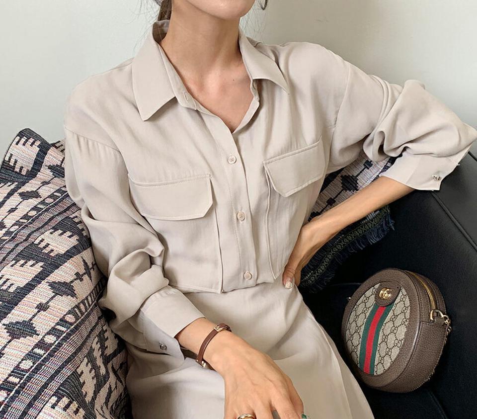 ソフトポケットフィットシャツ・全3色・t64841 レディース 【bl】韓国 ファッション トップス シャツ 長袖 カラーシャツ カラーネック ソフトポケット ボタン ルーズ シンプル ベーシック 上品 フェミニン カジュアル 高級感 秋 春