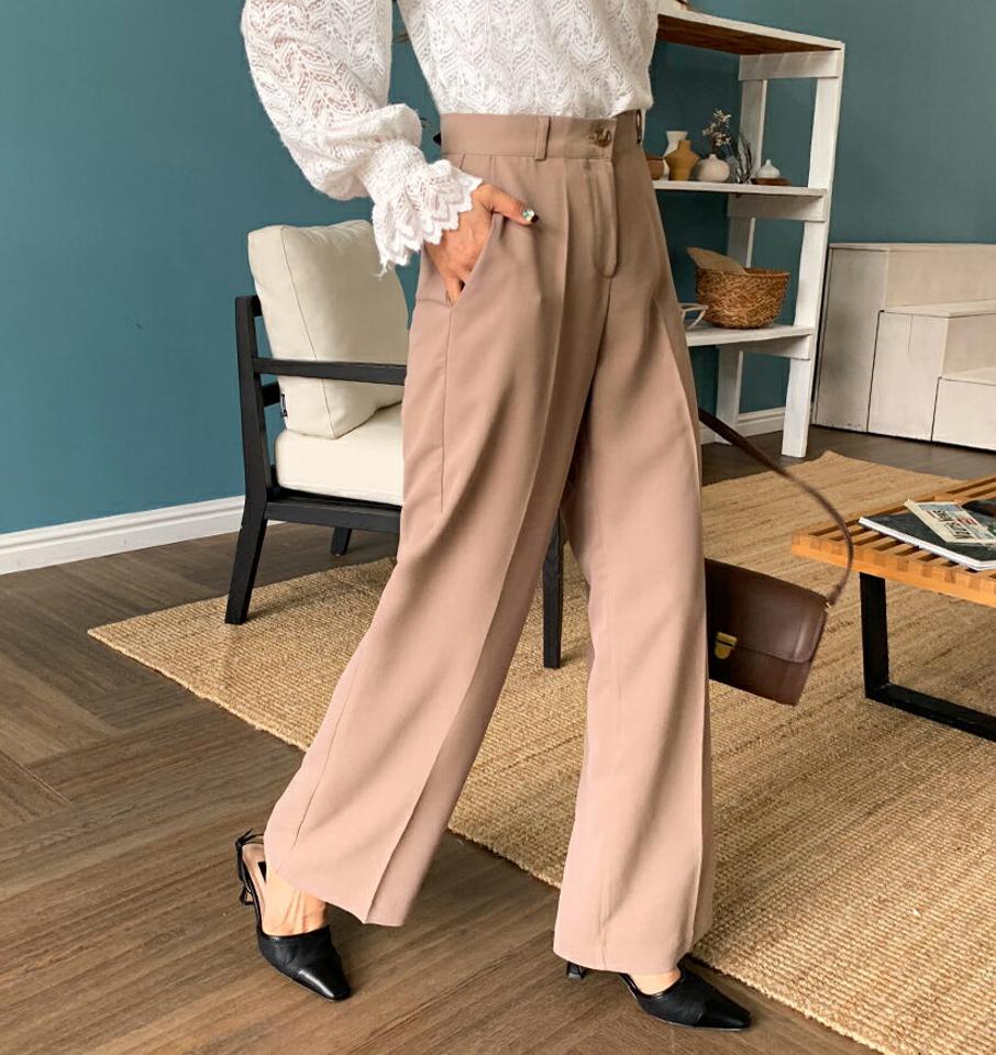 ストレートスラックス・全3色・t64845 レディース 【pt】韓国ファッション ボトムス ロング ロングパンツ スラックスパンツ スラックス ストレート ポケット ボタン カジュアル デイリー 足長 美脚 フェミニン 秋 春232