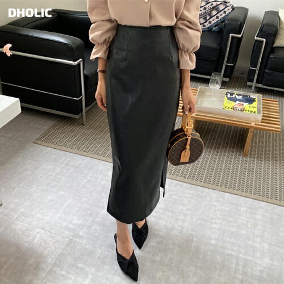 レザー調Hラインスカート・全2色・t64848 レディース 【sk】韓国 ファッション ボトムス スカート ロング ロングスカート レザー調 Hライン ロング丈 ゴム 大人 フェミニン シンプル 細身 足長 体型カバー カジュアル ガーリー 秋 春