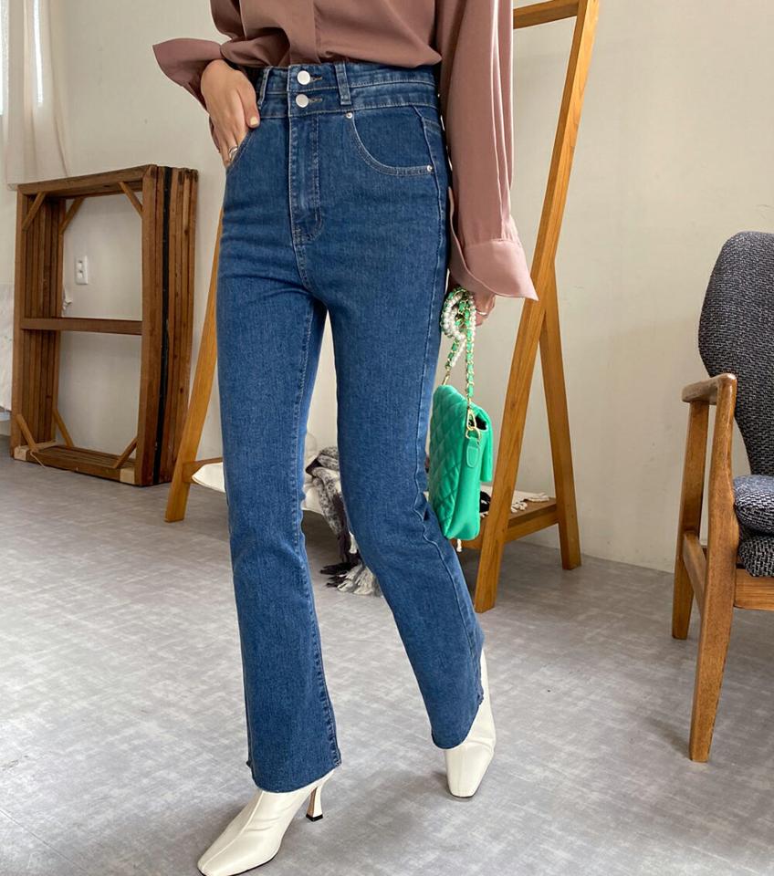 ハイウエストフレアデニムパンツ・全1色・b64853 レディース 【pt】韓国ファッション ボトムス ロング ロングパンツ デニム デニムパンツ ロング丈 フレア カットオフ ハイウエスト ポケット 体型もカバー デイリー 美脚 足長 シンプル 秋 春