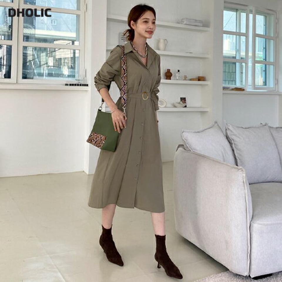 ベルト付カラーネックワンピース・全2色・b70028 レディース 【ops】ワンピース ミディ丈 ミディワンピース 長袖 ベルト シャツワンピース 単色 無地 シンプル 大人 春 秋 韓国ファッション ハイホリHIHOLLI